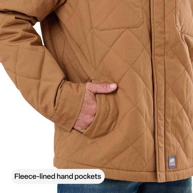 Fleece-lined hand pockets on the Berne Quilted Water Repellent Shirt Jacket in Brown