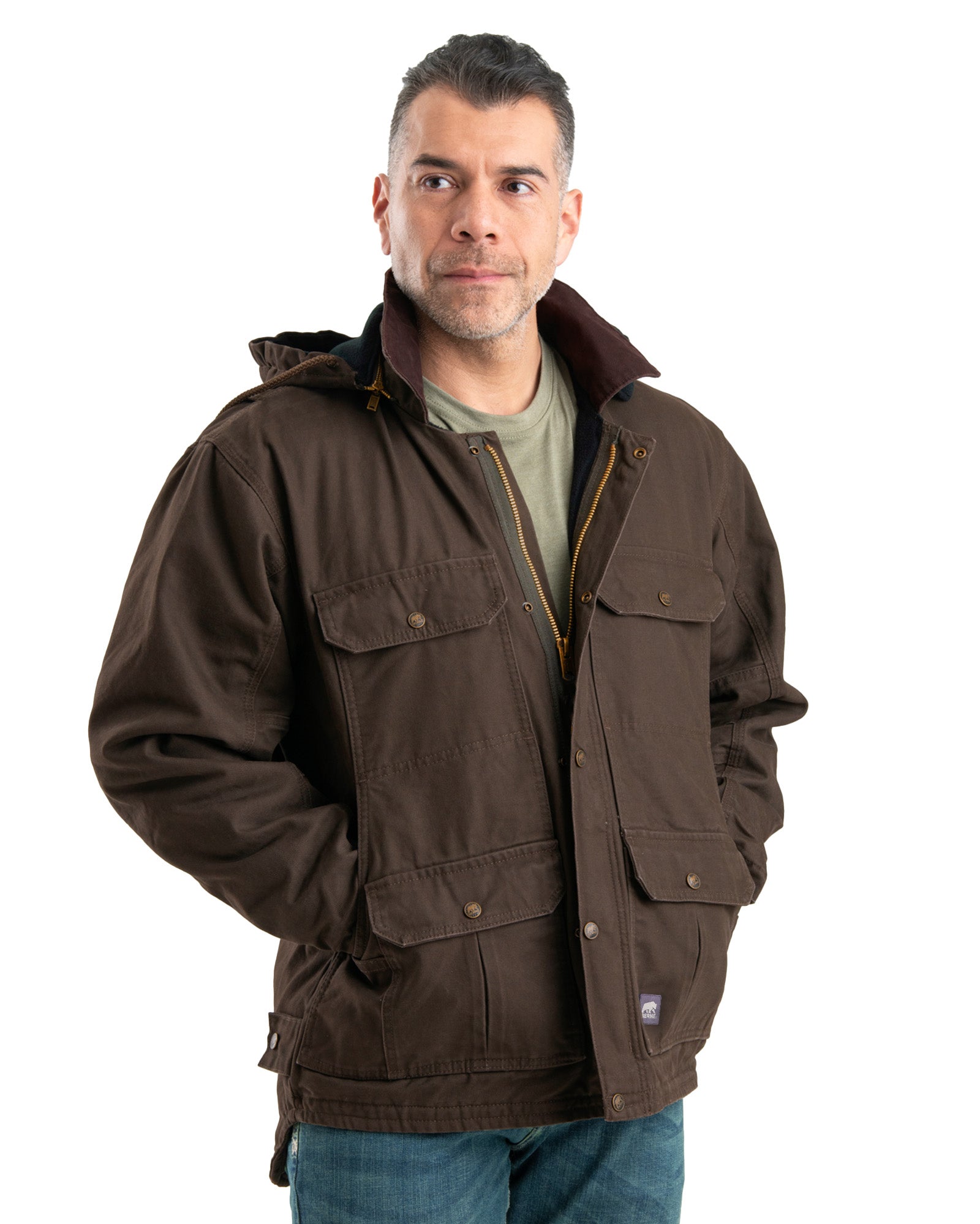 Berne Medium Workwear Brown Duck Cloth Chore Jacket Full Zip Hooded deals Large Tall